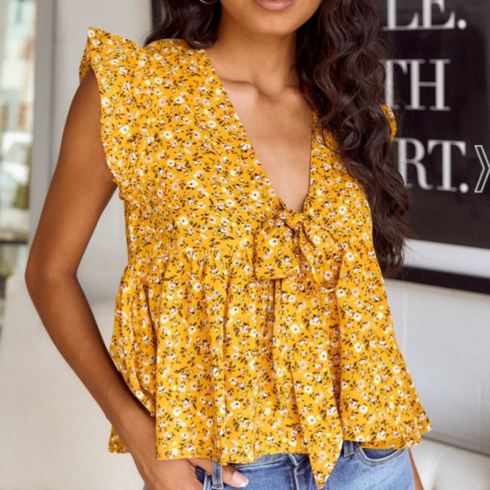 Micki mustard Floral Ruffled Sleeve Blouse top with deep V neck bow detailing
